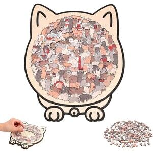 135-Piece Wooden Cat Shaped Jigsaw Puzzle with Display Stand New